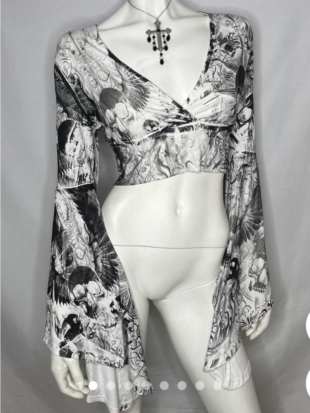 Handcrafted Black & White Tattoo-Print Bell Sleeve Cropped Top - Graphic V-Neck